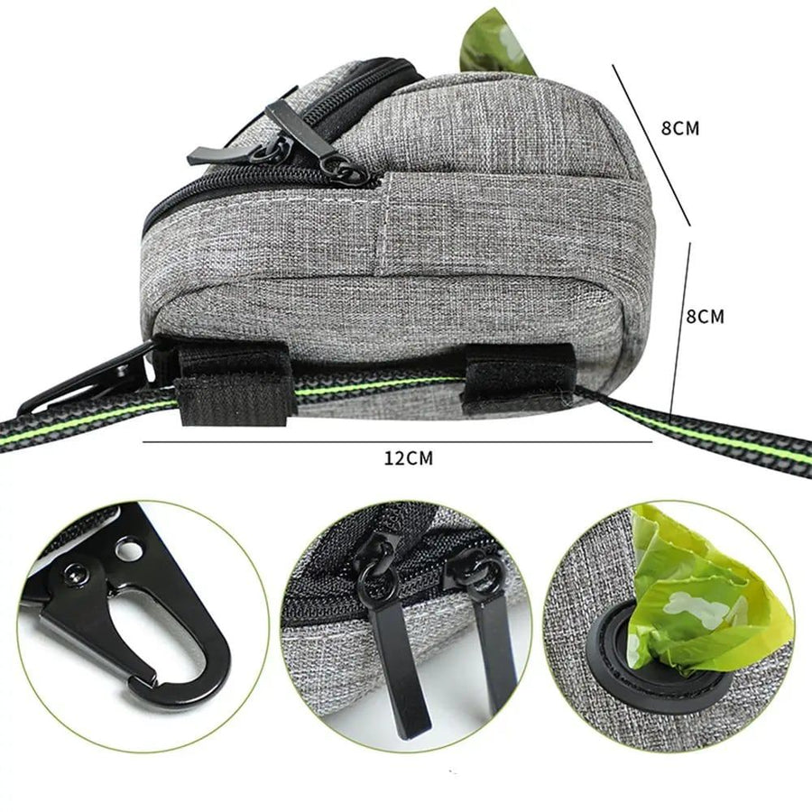 Compact mini backpack dog waste bag holder keeps your hands free during walks and training. Clips to leash or harness, stores rolls of bags plus small treats. Say goodbye to messy pockets. (Grey)