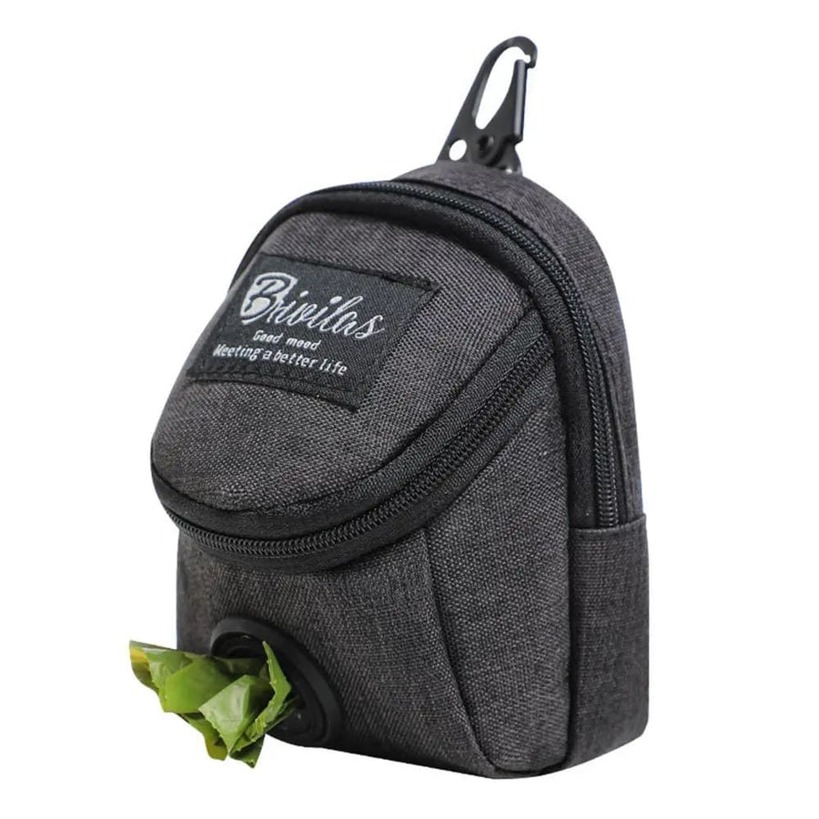 Compact mini backpack dog waste bag holder keeps your hands free during walks and training. Clips to leash or harness, stores rolls of bags plus small treats. Say goodbye to messy pockets. (Grey)