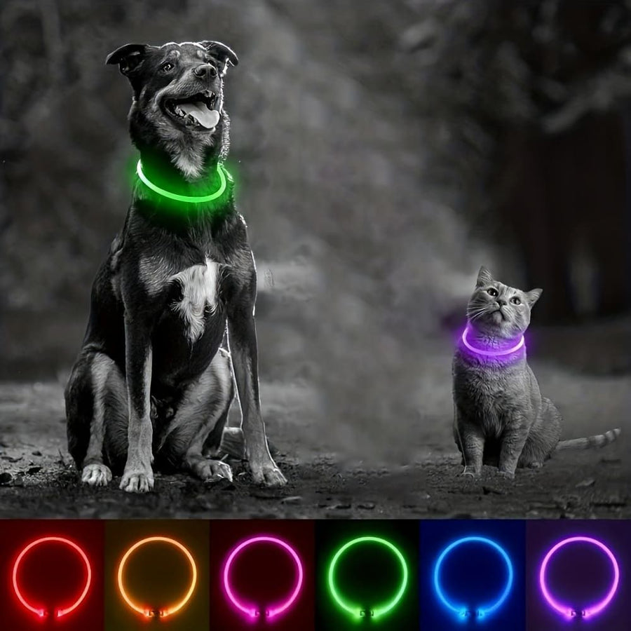 USB Rechargeable LED Glow Pet Collar, Soft Silicone Night Safety Dog & Cat Collar with 6 Colors, 3 Modes, Adjustable Length for Small, Medium, Large Pets, Ideal for Evening Walks and Outdoor Visibility (L, Red)
