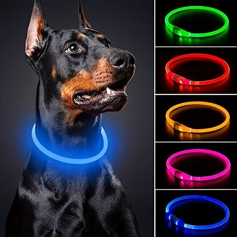 USB Rechargeable LED Glow Pet Collar, Soft Silicone Night Safety Dog & Cat Collar with 6 Colors, 3 Modes, Adjustable Length for Small, Medium, Large Pets, Ideal for Evening Walks and Outdoor Visibility (L, Red)