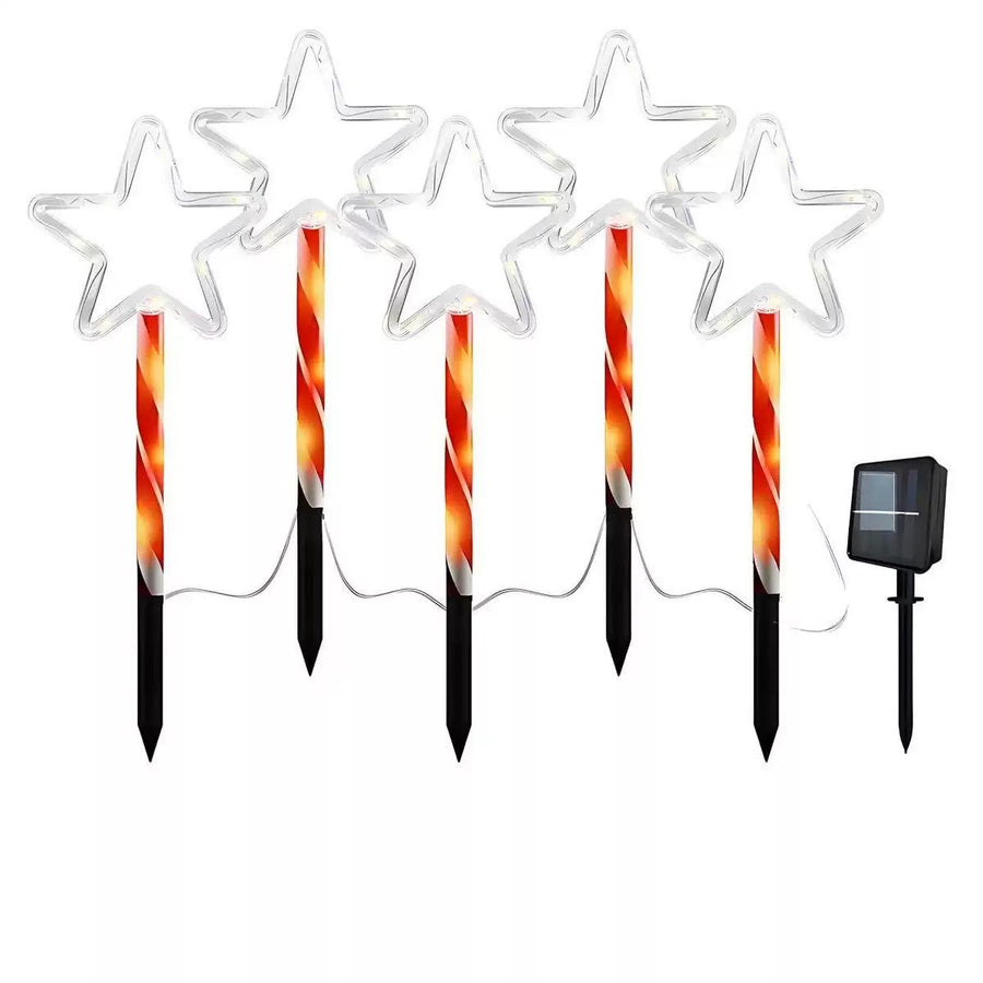 Solar Star Pathway Ground Spike Lights, 5-Pack Interconnected Warm Glow Christmas Decoration for Garden, Yard, and Festive Outdoor Atmosphere (2Sets)