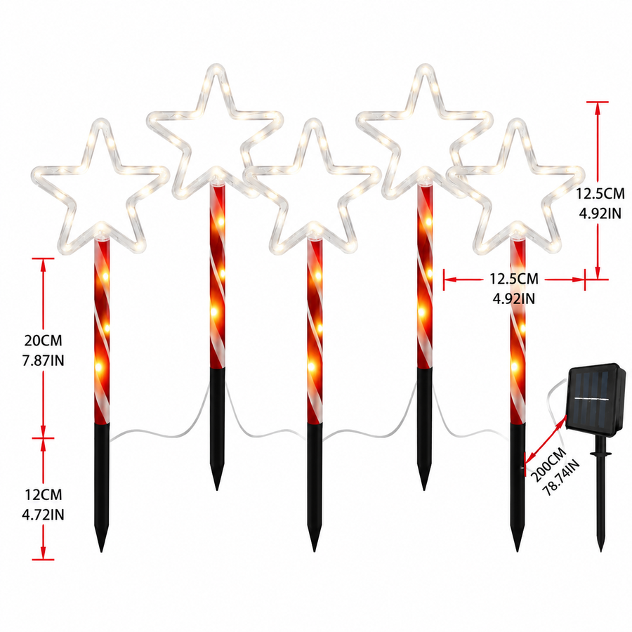 Solar Star Pathway Ground Spike Lights, 5-Pack Interconnected Warm Glow Christmas Decoration for Garden, Yard, and Festive Outdoor Atmosphere (2Sets)
