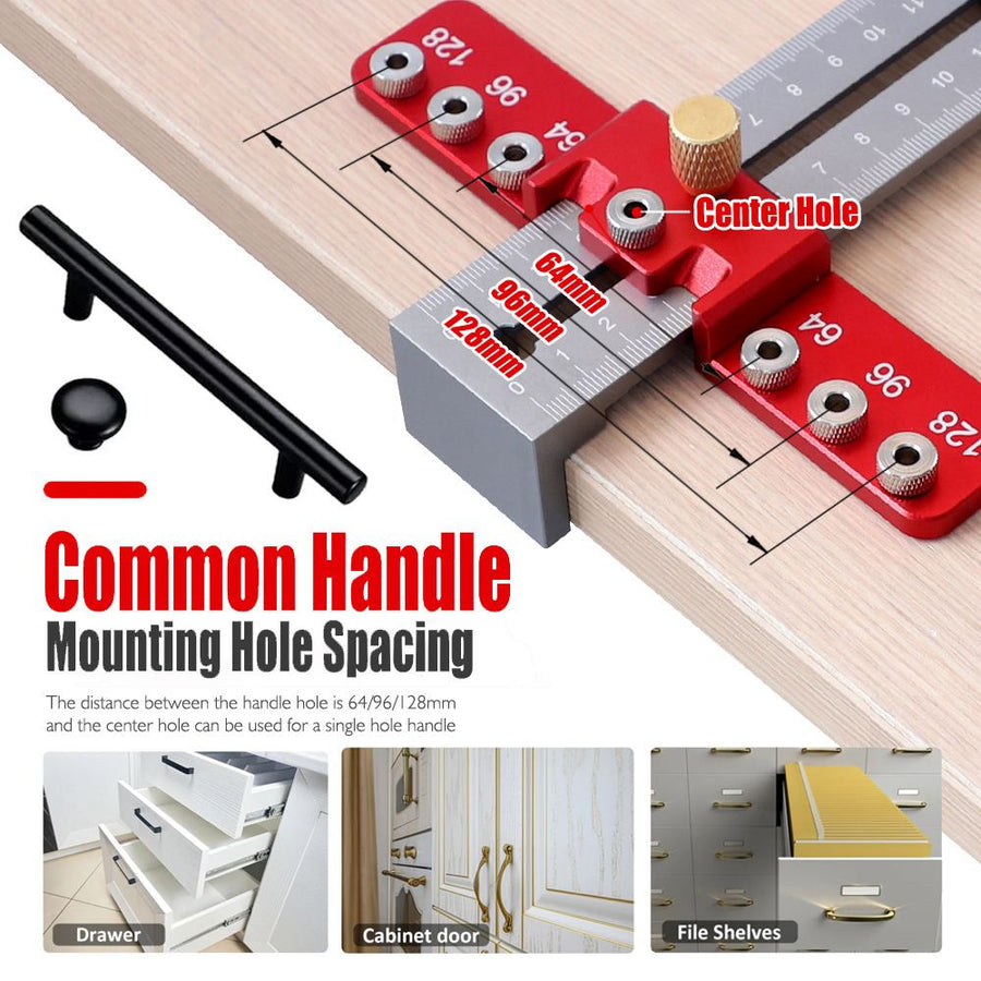 Aluminum Alloy Cabinet Handle Drilling Jig with Adjustable Cross Sliding Structure for Precise Hole Positioning on Drawers, Cupboards, Wardrobes and File Shelves (Red)