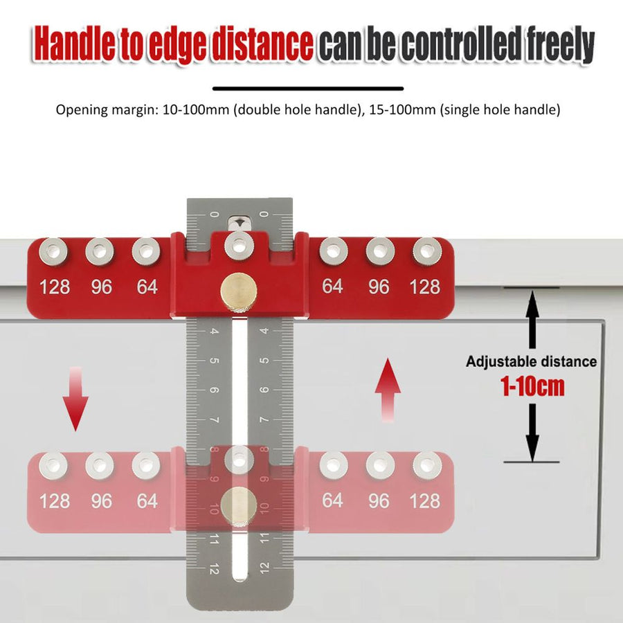 Aluminum Alloy Cabinet Handle Drilling Jig with Adjustable Cross Sliding Structure for Precise Hole Positioning on Drawers, Cupboards, Wardrobes and File Shelves (Red)
