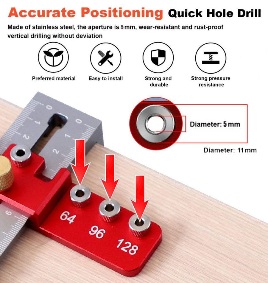 Aluminum Alloy Cabinet Handle Drilling Jig with Adjustable Cross Sliding Structure for Precise Hole Positioning on Drawers, Cupboards, Wardrobes and File Shelves (Red)