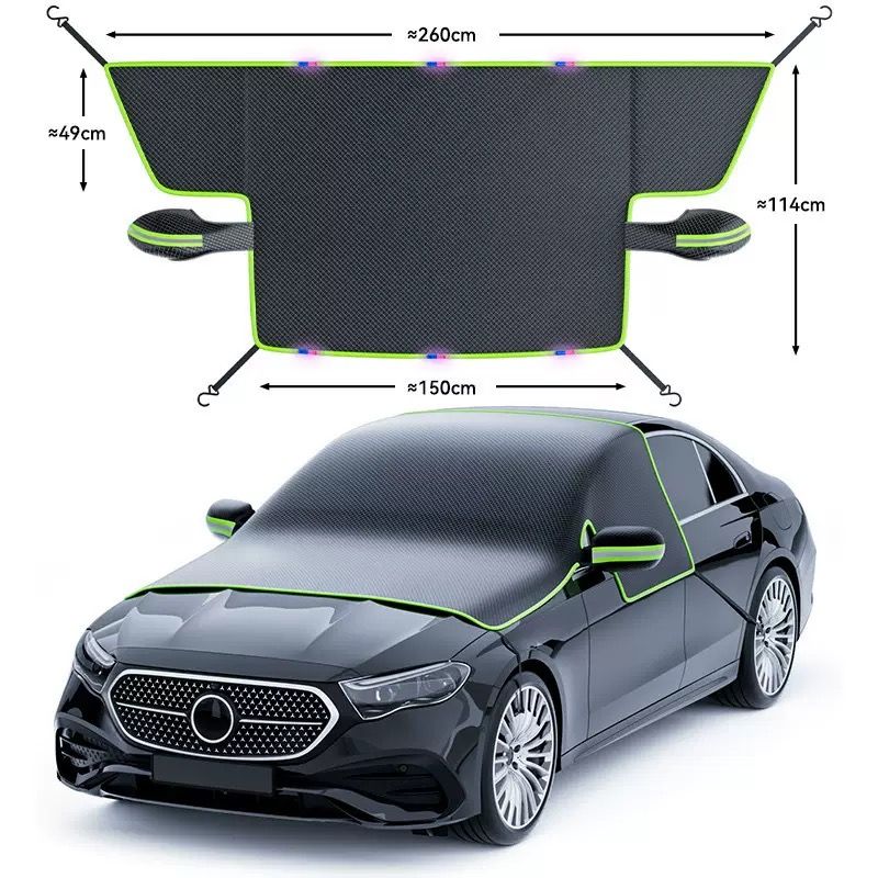 All-Season Car Front Cover Shield for Sedans – Windproof, Snowproof & Sunproof Protection with Magnetic Fixation, Full Coverage for Windshield, Side Windows, and Hood, Ideal for Outdoor Parking (Green1)