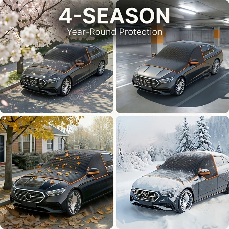 All-Season Car Front Cover Shield for Sedans – Windproof, Snowproof & Sunproof Protection with Magnetic Fixation, Full Coverage for Windshield, Side Windows, and Hood, Ideal for Outdoor Parking (Green1)