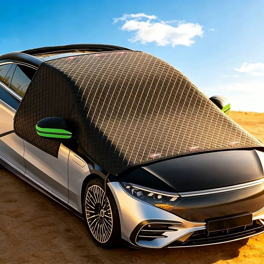 All-Season Car Front Cover Shield for Sedans – Windproof, Snowproof & Sunproof Protection with Magnetic Fixation, Full Coverage for Windshield, Side Windows, and Hood, Ideal for Outdoor Parking (Green1)