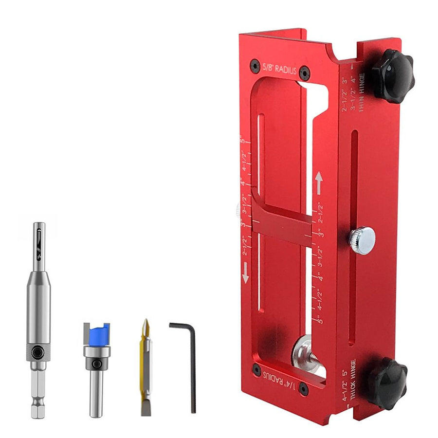 Aluminum Alloy Door Hinge Installation Locator Jig with Adjustable Sliding Blocks for Woodworking Door Fitting, Routing, and Screw Hole Positioning (Red)