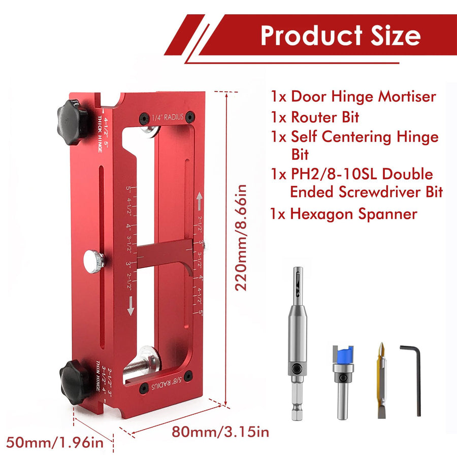 Aluminum Alloy Door Hinge Installation Locator Jig with Adjustable Sliding Blocks for Woodworking Door Fitting, Routing, and Screw Hole Positioning (Red)