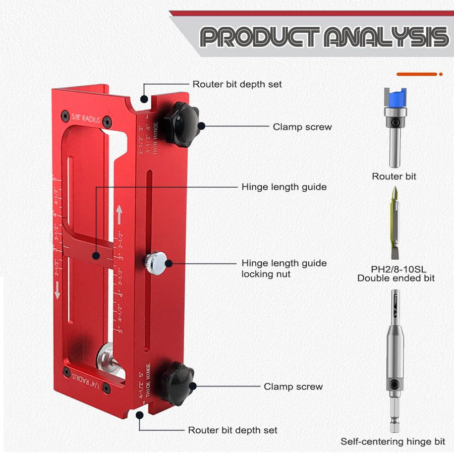Aluminum Alloy Door Hinge Installation Locator Jig with Adjustable Sliding Blocks for Woodworking Door Fitting, Routing, and Screw Hole Positioning (Red)