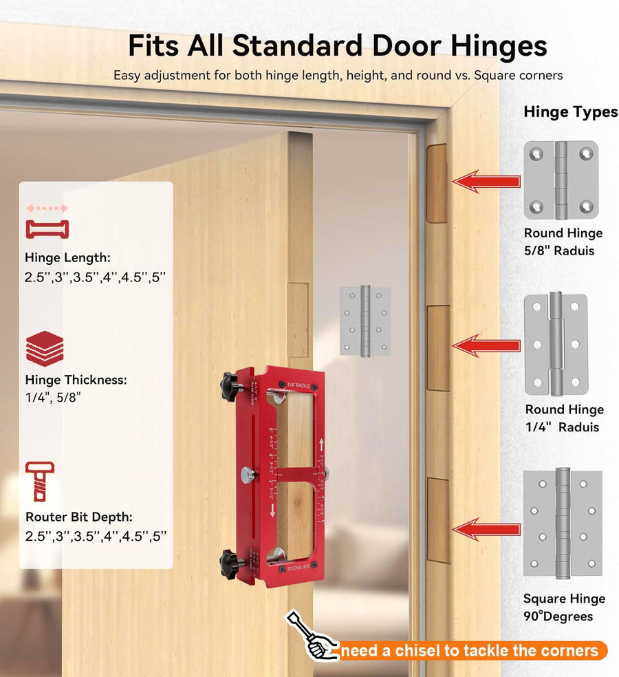 Aluminum Alloy Door Hinge Installation Locator Jig with Adjustable Sliding Blocks for Woodworking Door Fitting, Routing, and Screw Hole Positioning (Red)