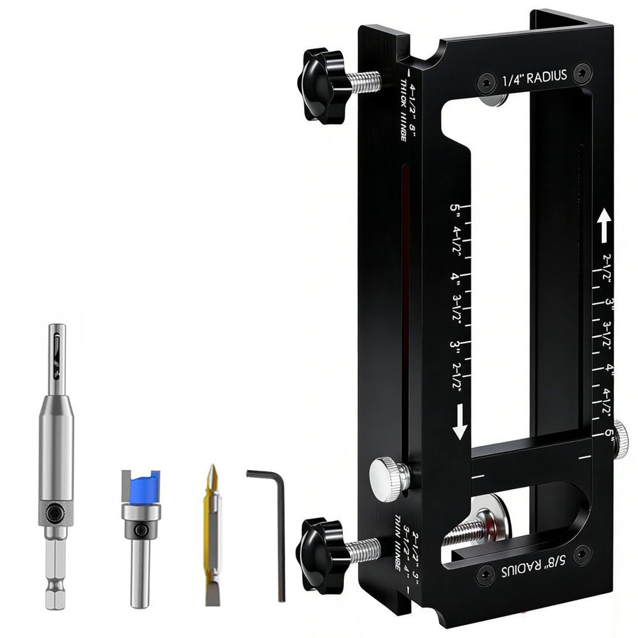 Aluminum Alloy Door Hinge Installation Locator Jig with Adjustable Sliding Blocks for Woodworking Door Fitting, Routing, and Screw Hole Positioning (Red)