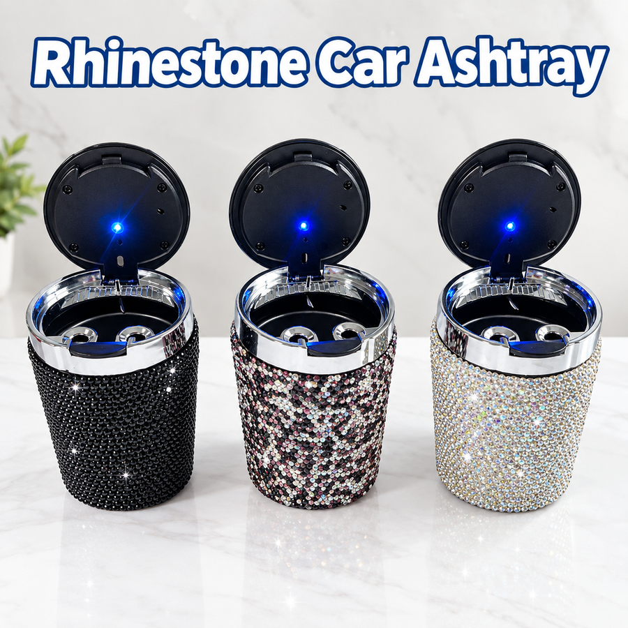 Diamond-Studded Car Ashtray with LED Lid Indicator, Portable Universal Auto Interior Accessory for Smoking Ash Storage, Fits Vehicle Cup Holders, Office Desk and Home Use (Pink)