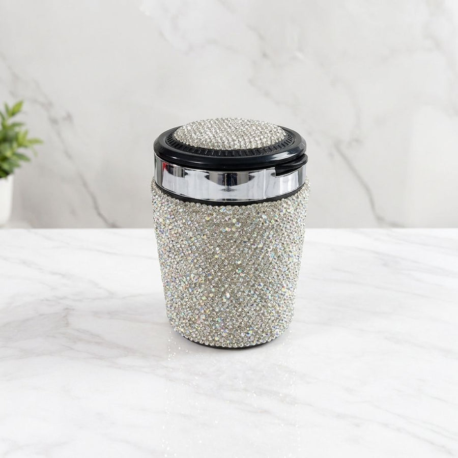 Diamond-Studded Car Ashtray with LED Lid Indicator, Portable Universal Auto Interior Accessory for Smoking Ash Storage, Fits Vehicle Cup Holders, Office Desk and Home Use (Pink)