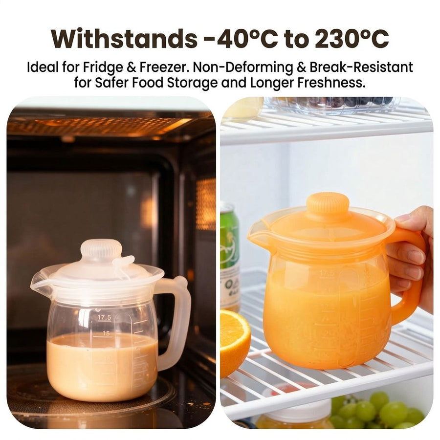 Food-Grade Silicone Multi-Purpose Milk Pitcher with Measuring Scale, Microwave & Freezer Safe, Leak-Proof Rotating Lid, Ergonomic Handle for Baby Formula, Coffee, Oil & Liquid Storage in Home Kitchen (Grey)