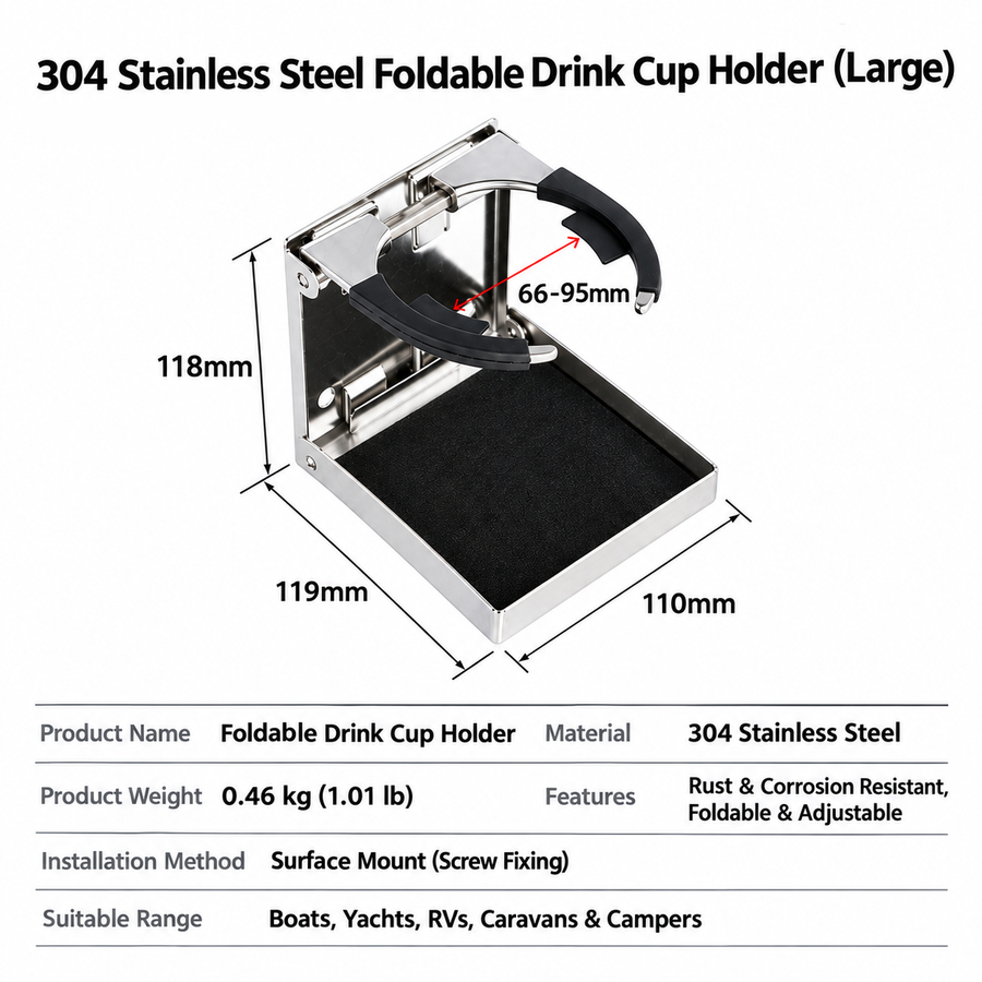 Foldable Stainless Steel Drink Cup Holder with Adjustable Arc Bracket for Boat Yacht RV Camper Camping Wall Mounted Beverage Stand (A, White)