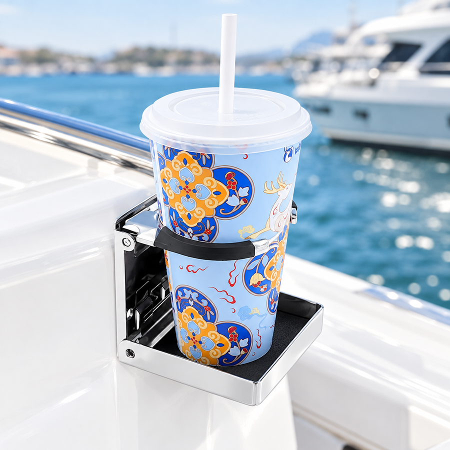 Foldable Stainless Steel Drink Cup Holder with Adjustable Arc Bracket for Boat Yacht RV Camper Camping Wall Mounted Beverage Stand (A, White)