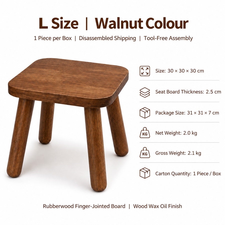 Versatile Solid Wood Small Stool and Mini Side Table with Rounded Square Top and Cylindrical Legs for Entryway Living Room Bedroom Balcony Shop and Outdoor Use (L, Walnut)