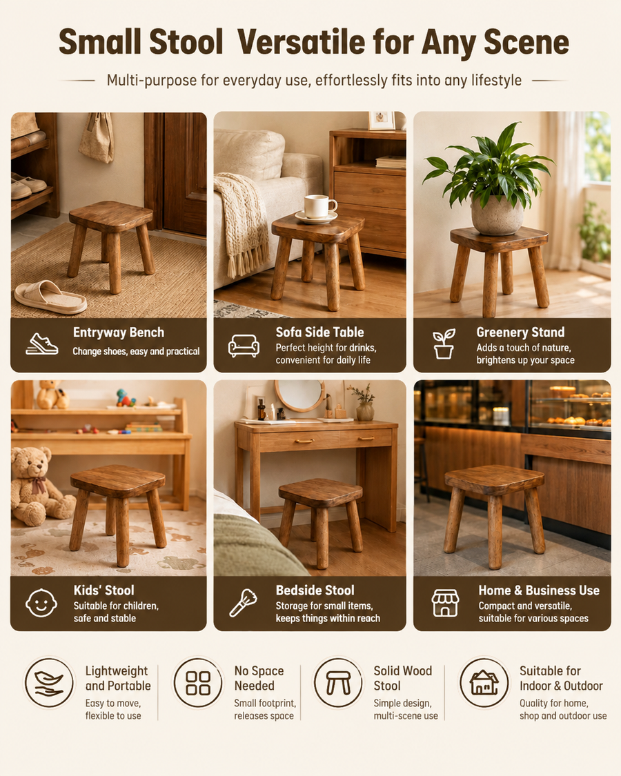 Versatile Solid Wood Small Stool and Mini Side Table with Rounded Square Top and Cylindrical Legs for Entryway Living Room Bedroom Balcony Shop and Outdoor Use (L, Walnut)