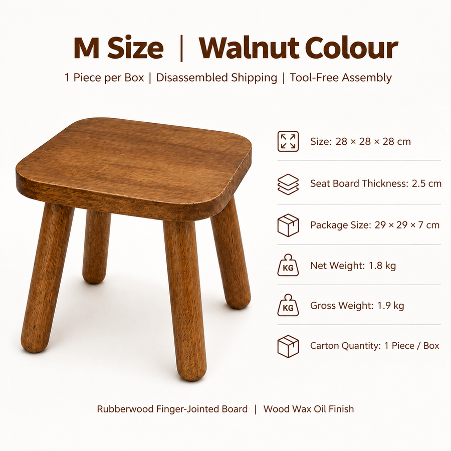 Versatile Solid Wood Small Stool and Mini Side Table with Rounded Square Top and Cylindrical Legs for Entryway Living Room Bedroom Balcony Shop and Outdoor Use (L, Walnut)