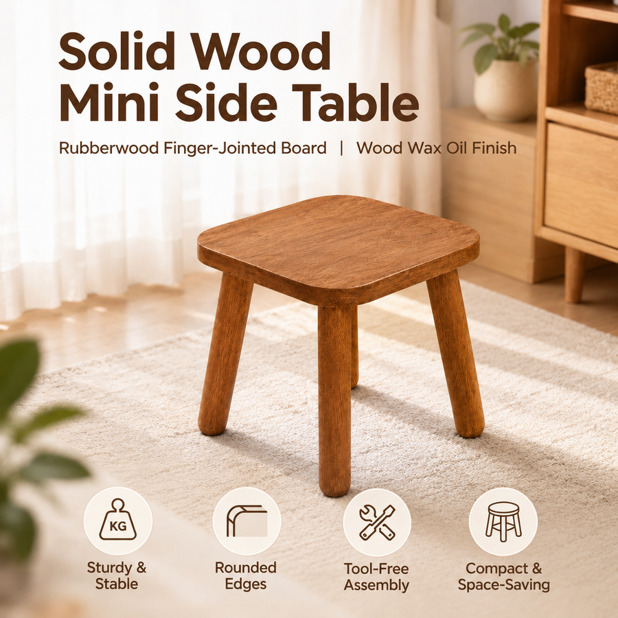 Versatile Solid Wood Small Stool and Mini Side Table with Rounded Square Top and Cylindrical Legs for Entryway Living Room Bedroom Balcony Shop and Outdoor Use (S, Natural)