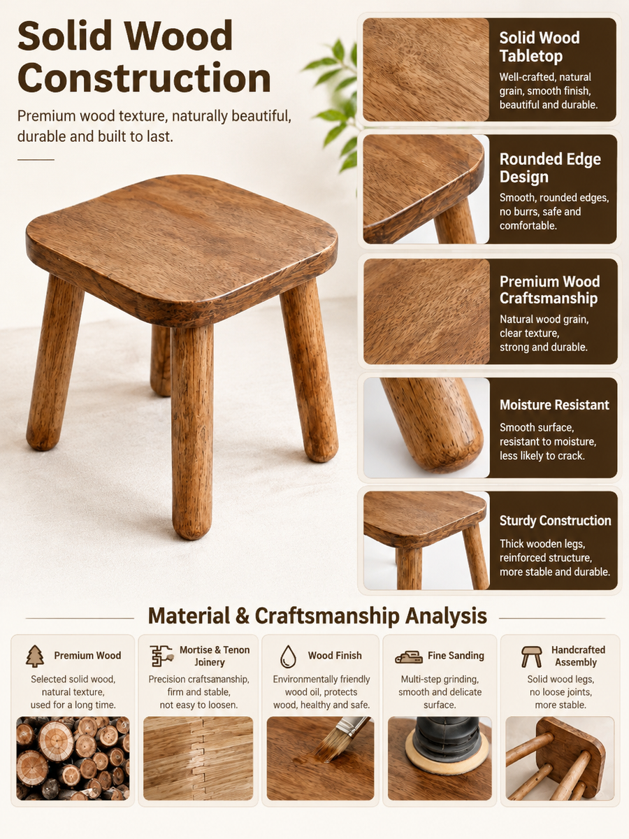 Versatile Solid Wood Small Stool and Mini Side Table with Rounded Square Top and Cylindrical Legs for Entryway Living Room Bedroom Balcony Shop and Outdoor Use (S, Walnut)