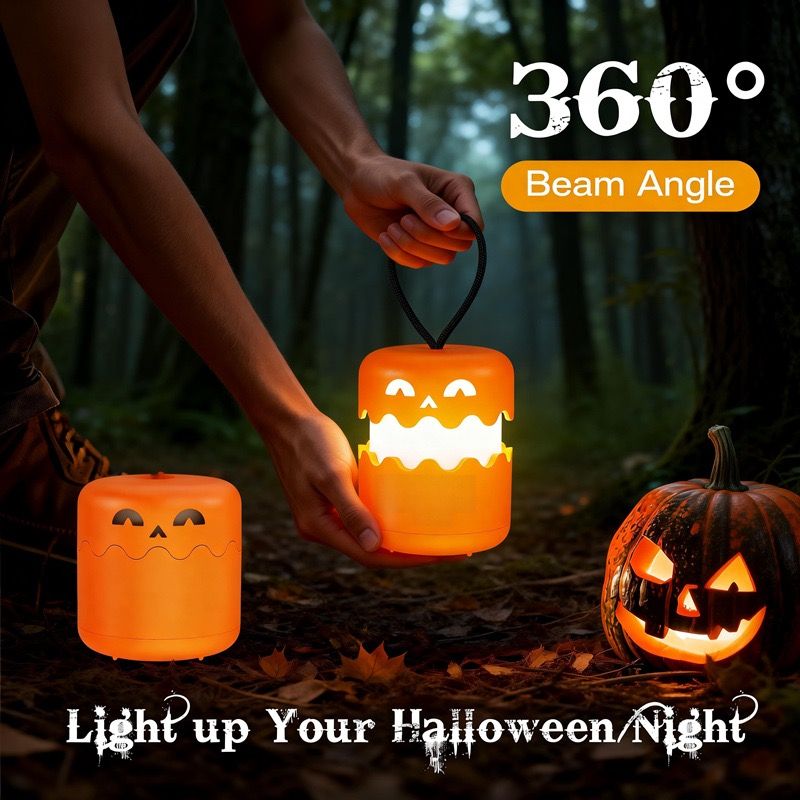 Dual-Expression Halloween Pumpkin Night Light with 360° Warm Glow, Rechargeable and Portable for Trick-or-Treat, Tabletop Decor, or Hanging Spooky Ambiance Anywhere (1PCS)