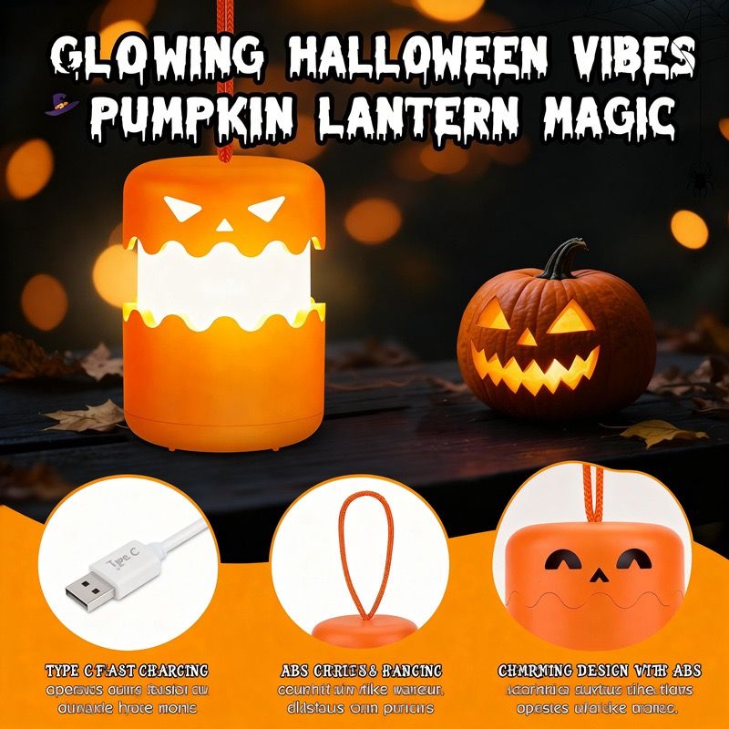 Dual-Expression Halloween Pumpkin Night Light with 360° Warm Glow, Rechargeable and Portable for Trick-or-Treat, Tabletop Decor, or Hanging Spooky Ambiance Anywhere (1PCS)