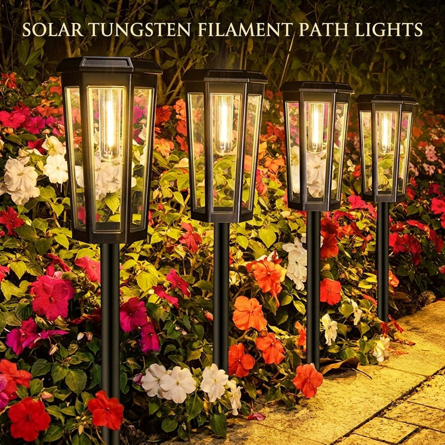 Solar Powered Hexagonal Tungsten Pathway Lights with Warm White Glow, Automatic On/Off, Weatherproof Spike Design for Garden, Lawn, Walkway, and Patio Decorative Illumination (4PCS)