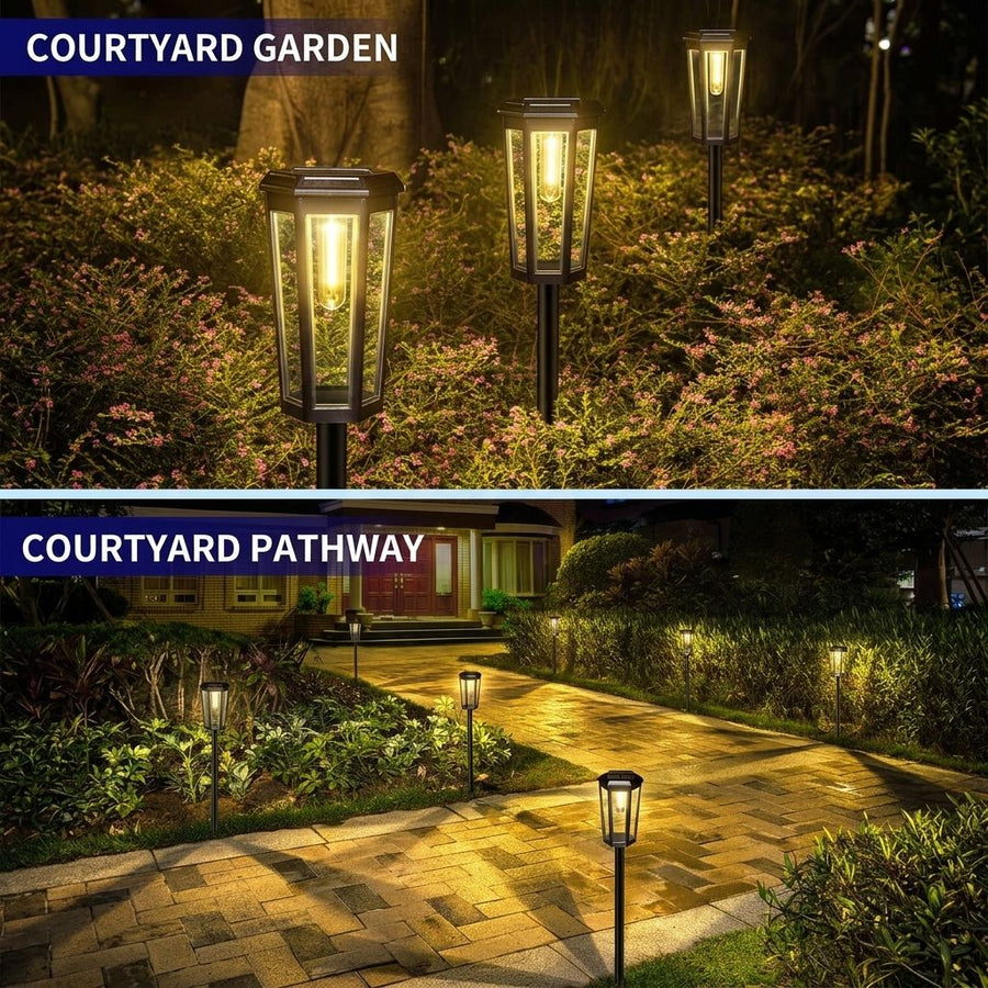 Solar Powered Hexagonal Tungsten Pathway Lights with Warm White Glow, Automatic On/Off, Weatherproof Spike Design for Garden, Lawn, Walkway, and Patio Decorative Illumination (4PCS)