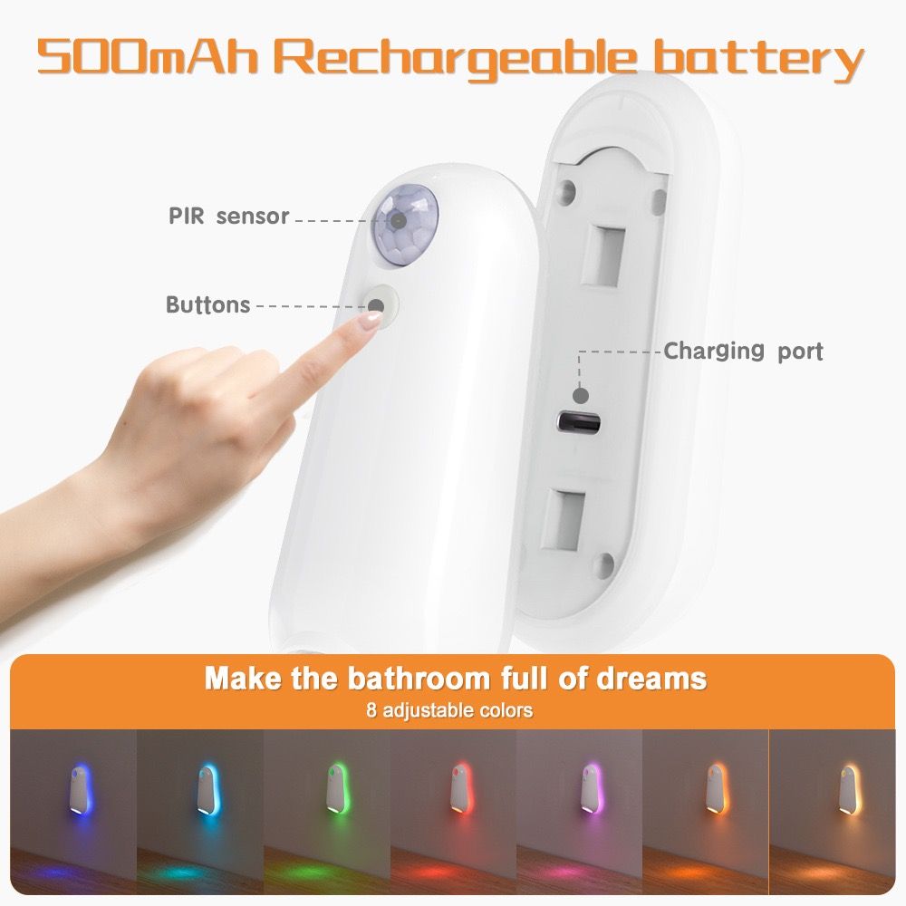 2-in-1 Motion Sensor Night Light with Toilet Light Function, 8 Color RGB Glow, Waterproof Rechargeable LED Lamp for Nighttime Use in Bathroom, Stairway, Hallway, and Bedside (2PCS)