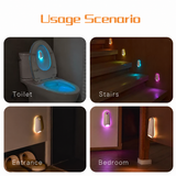 2-in-1 Motion Sensor Night Light with Toilet Light Function, 8 Color RGB Glow, Waterproof Rechargeable LED Lamp for Nighttime Use in Bathroom, Stairway, Hallway, and Bedside (2PCS) - Low Angle