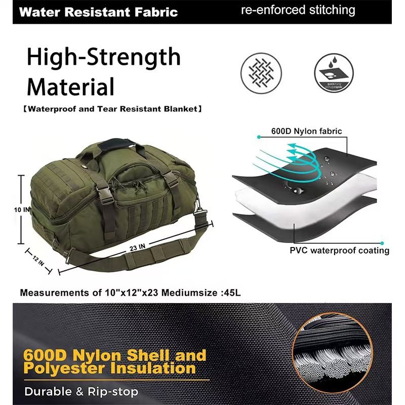 Versatile Tactical Duffle Bag with Convertible Backpack Straps, Water-Resistant 600D Nylon, MOLLE System, 45L Capacity for Camping, Hiking, Gym, and Travel (Black)