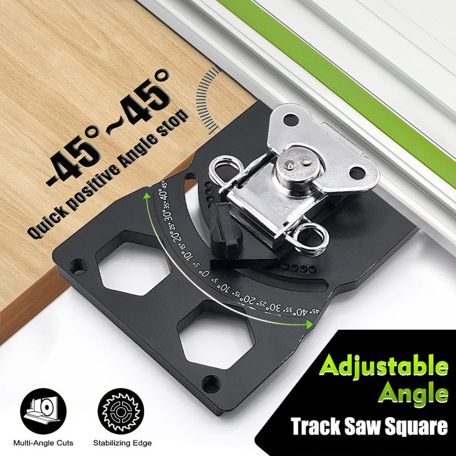 Adjustable Angle Guide Rail Square for Track Saws with 19-Position Stop from -45° to 45°, T-Shape End Stop and Sliding Positioning Block for Woodworking Crosscuts and Miter Cuts (Black)