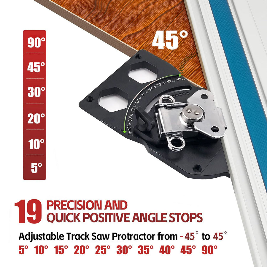 Adjustable Angle Guide Rail Square for Track Saws with 19-Position Stop from -45° to 45°, T-Shape End Stop and Sliding Positioning Block for Woodworking Crosscuts and Miter Cuts (Black)