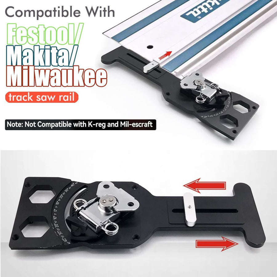 Adjustable Angle Guide Rail Square for Track Saws with 19-Position Stop from -45° to 45°, T-Shape End Stop and Sliding Positioning Block for Woodworking Crosscuts and Miter Cuts (Black)
