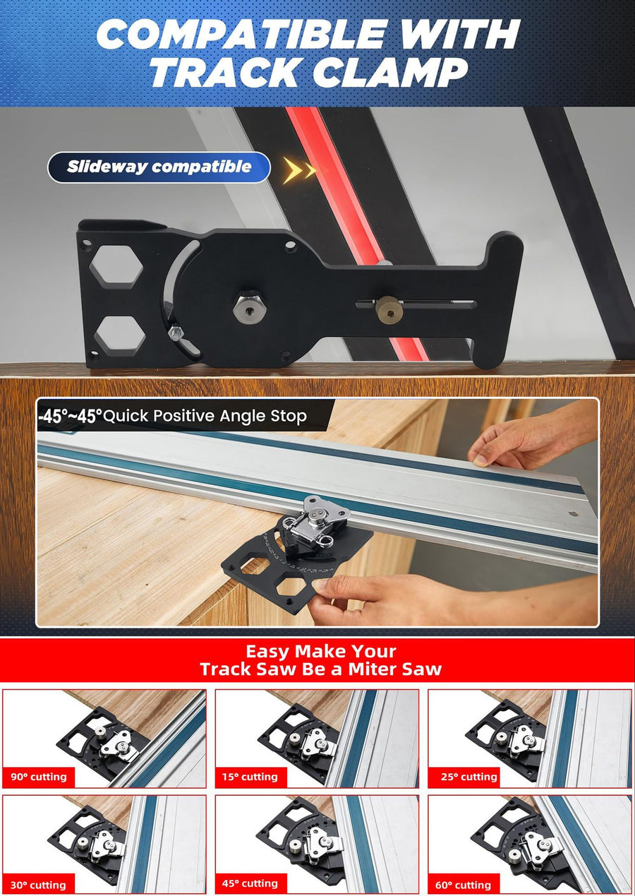 Adjustable Angle Guide Rail Square for Track Saws with 19-Position Stop from -45° to 45°, T-Shape End Stop and Sliding Positioning Block for Woodworking Crosscuts and Miter Cuts (Black)