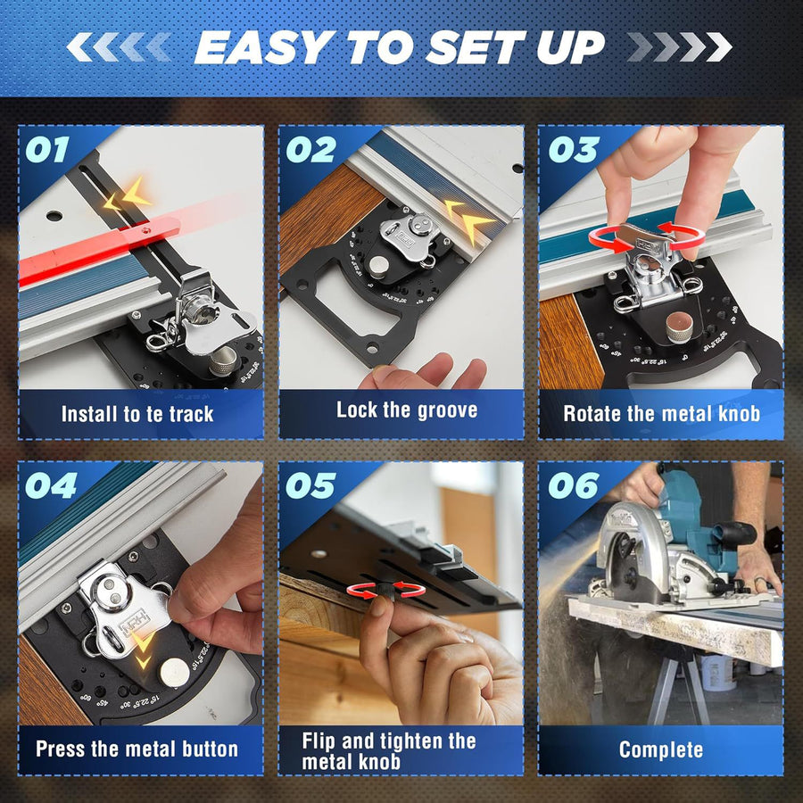 Adjustable Angle Guide Rail Square for Track Saws with 19-Position Stop from -45° to 45°, T-Shape End Stop and Sliding Positioning Block for Woodworking Crosscuts and Miter Cuts (Black)