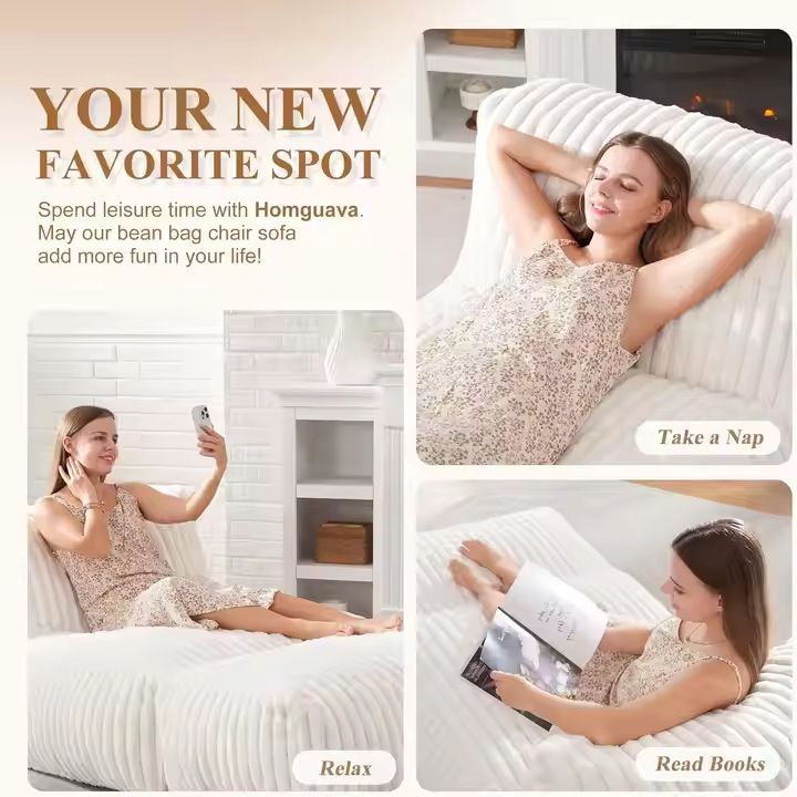 Ergonomic Bean Bag Chaise Lounger with Vertical Plush Fabric and High-Density Foam for Living Room Reading, Napping, and TV Watching (Blush)