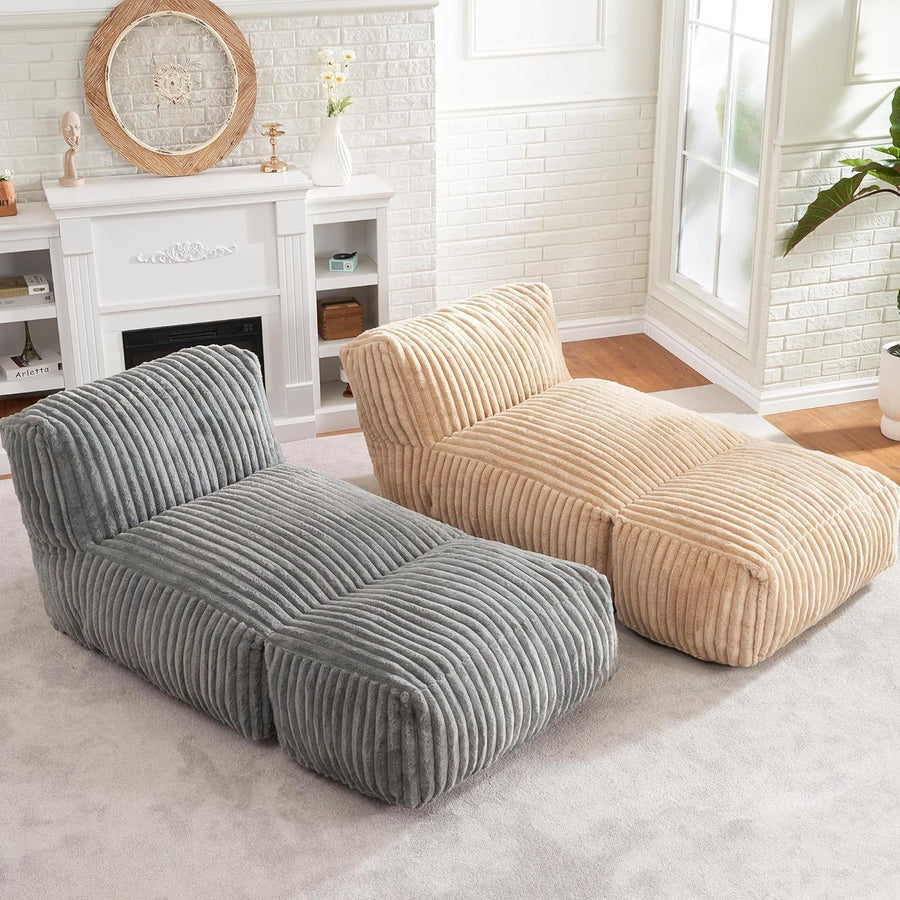 Ergonomic Bean Bag Chaise Lounger with Vertical Plush Fabric and High-Density Foam for Living Room Reading, Napping, and TV Watching (Grey)
