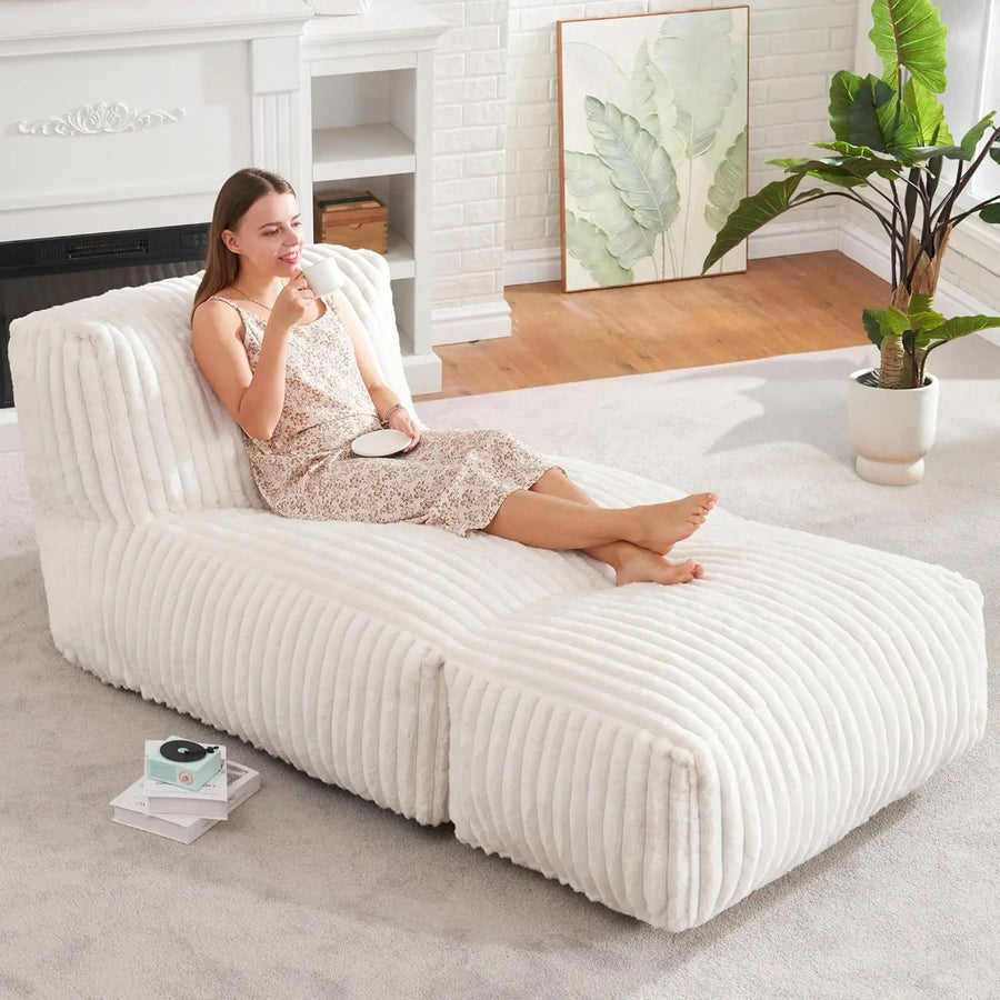 Ergonomic Bean Bag Chaise Lounger with Vertical Plush Fabric and High-Density Foam for Living Room Reading, Napping, and TV Watching (Grey)
