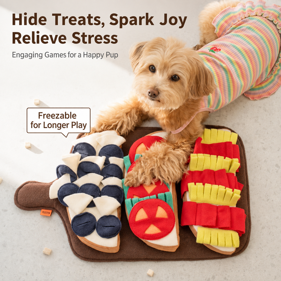 Interactive Breakfast-Themed Snuffle Mat for Dogs: A Fluffy Plush Puzzle Toy with Squeaky Hidden Compartments, Perfect for Slow Feeding, Mental Stimulation, and Satisfying Natural Foraging Instincts (S, S)