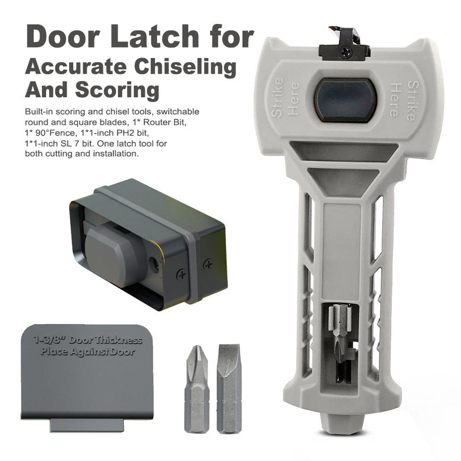 Multi-Function Door Lock Installation Chisel Tool with Interchangeable Scoring Blades, Wood Chisel, Screwdriver Bits and 90° Positioning Bracket for Precise Mortise Marking and Hardware Fitting (Grey)