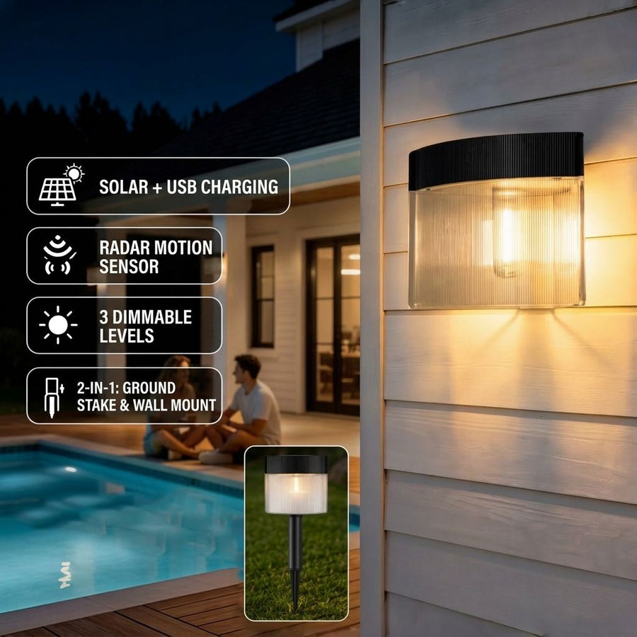 Solar Powered Outdoor Wall Lamp with Radar Motion Sensor, Dual Installation as Wall Mount or Ground Spike, Rechargeable Garden Path Light, Warm White Glow for Patio, Lawn, and Entryway Illumination (White Light, 4PCS)