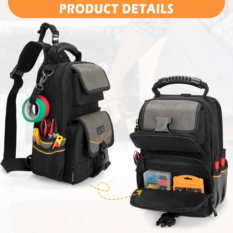 Versatile Single-Shoulder Crossbody Tool Bag with Multi-Compartment Storage, Durable Fabric and Zipper Closure, Ideal for Electricians, Repair Professionals and Daily Tool Organization (Black)