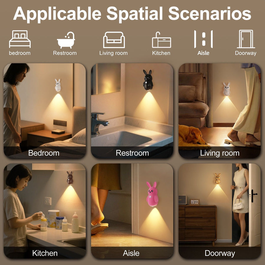 Adorable Cartoon Rabbit LED Motion Sensor Wall Light, Rechargeable Magnetic Cordless Night Lamp for Bedroom, Hallway, Stairs, and Kitchen with Dimmable Brightness and Adjustable Warm-to-Cool Glow (Gold, 2PCS)