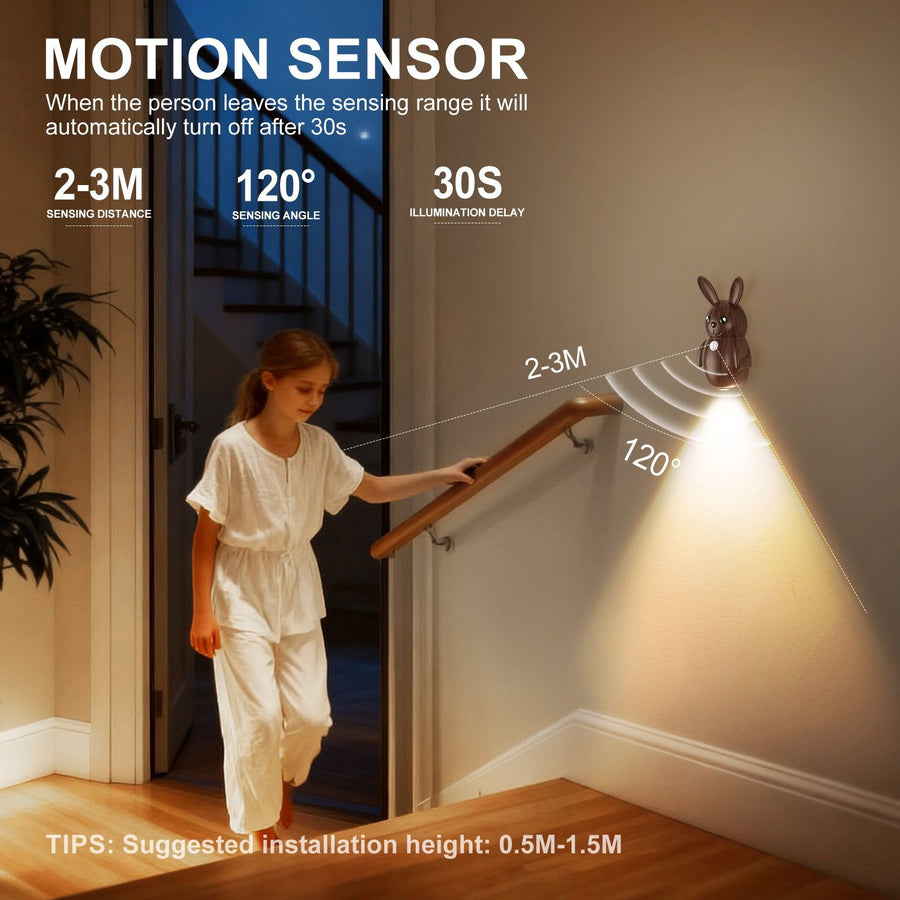 Adorable Cartoon Rabbit LED Motion Sensor Wall Light, Rechargeable Magnetic Cordless Night Lamp for Bedroom, Hallway, Stairs, and Kitchen with Dimmable Brightness and Adjustable Warm-to-Cool Glow (Silver, 3PCS)