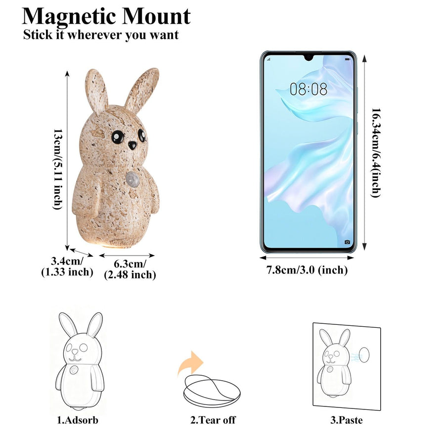Adorable Cartoon Rabbit LED Motion Sensor Wall Light, Rechargeable Magnetic Cordless Night Lamp for Bedroom, Hallway, Stairs, and Kitchen with Dimmable Brightness and Adjustable Warm-to-Cool Glow (Walnut Grain, 2PCS)