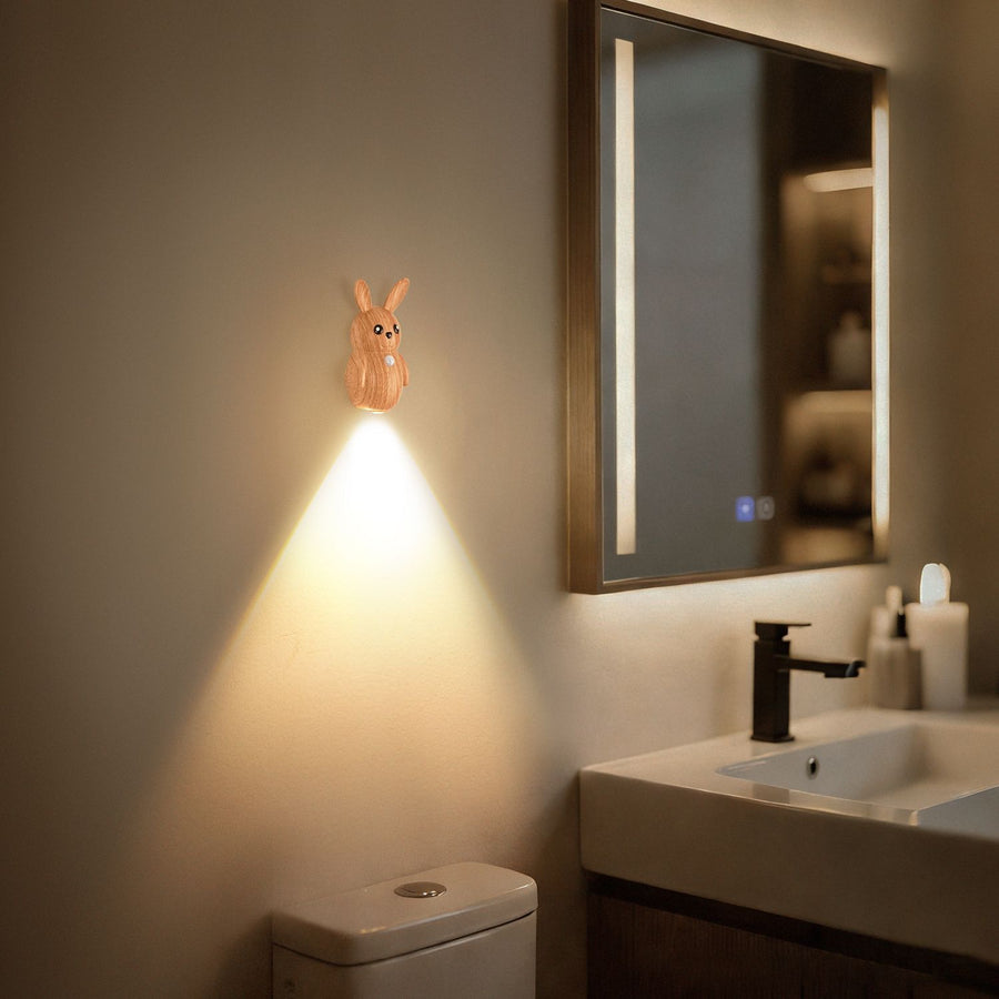 Adorable Cartoon Rabbit LED Motion Sensor Wall Light, Rechargeable Magnetic Cordless Night Lamp for Bedroom, Hallway, Stairs, and Kitchen with Dimmable Brightness and Adjustable Warm-to-Cool Glow (Walnut Grain, 2PCS)